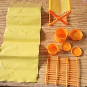 Vintage 1973 Barbie Going Camping Pots, Pan, Plate, Sleeping Bag, Chair & Rack